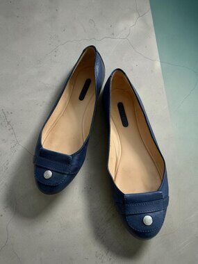 LONGCHAMP Navy Blue Leather Logo Flats Size 36 / US 6